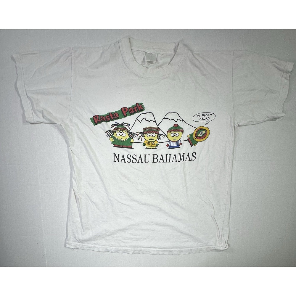 Vintage Nassau Bahamas Rasta Park T-Shirt White Cartoon Graphic Size L